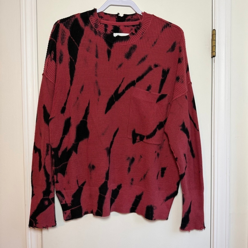 Pistola Red Black Tie Dye Knit Sweater Pullover Long Sleeve Crew Neck Pocket S - Picture 1 of 10